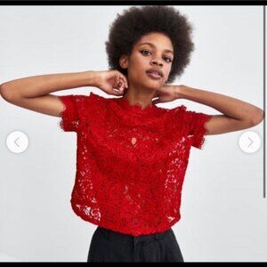 Zara Trafaluc Red Eyelash Lace Back Zipper Blouse SIZE MEDIUM